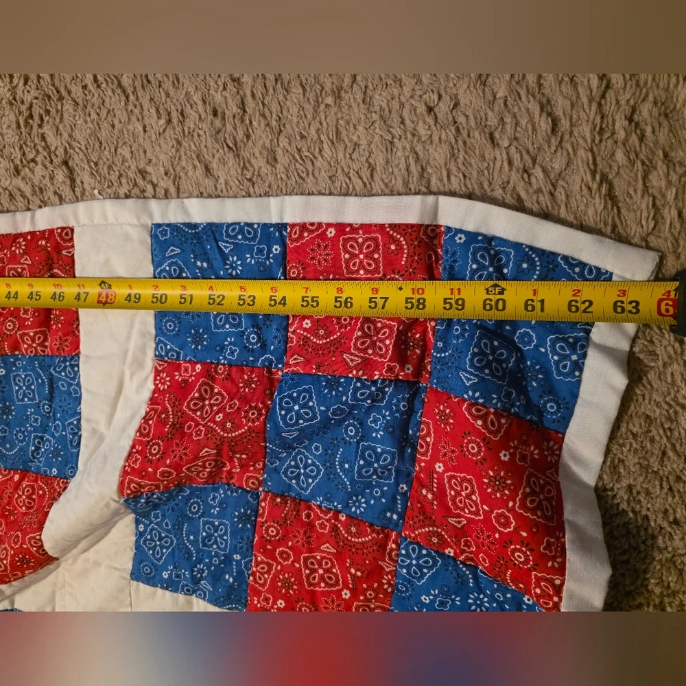 Vintage Handmade Quilted Square Paisley Pattern Quilt Red White Blue Hand Stitch